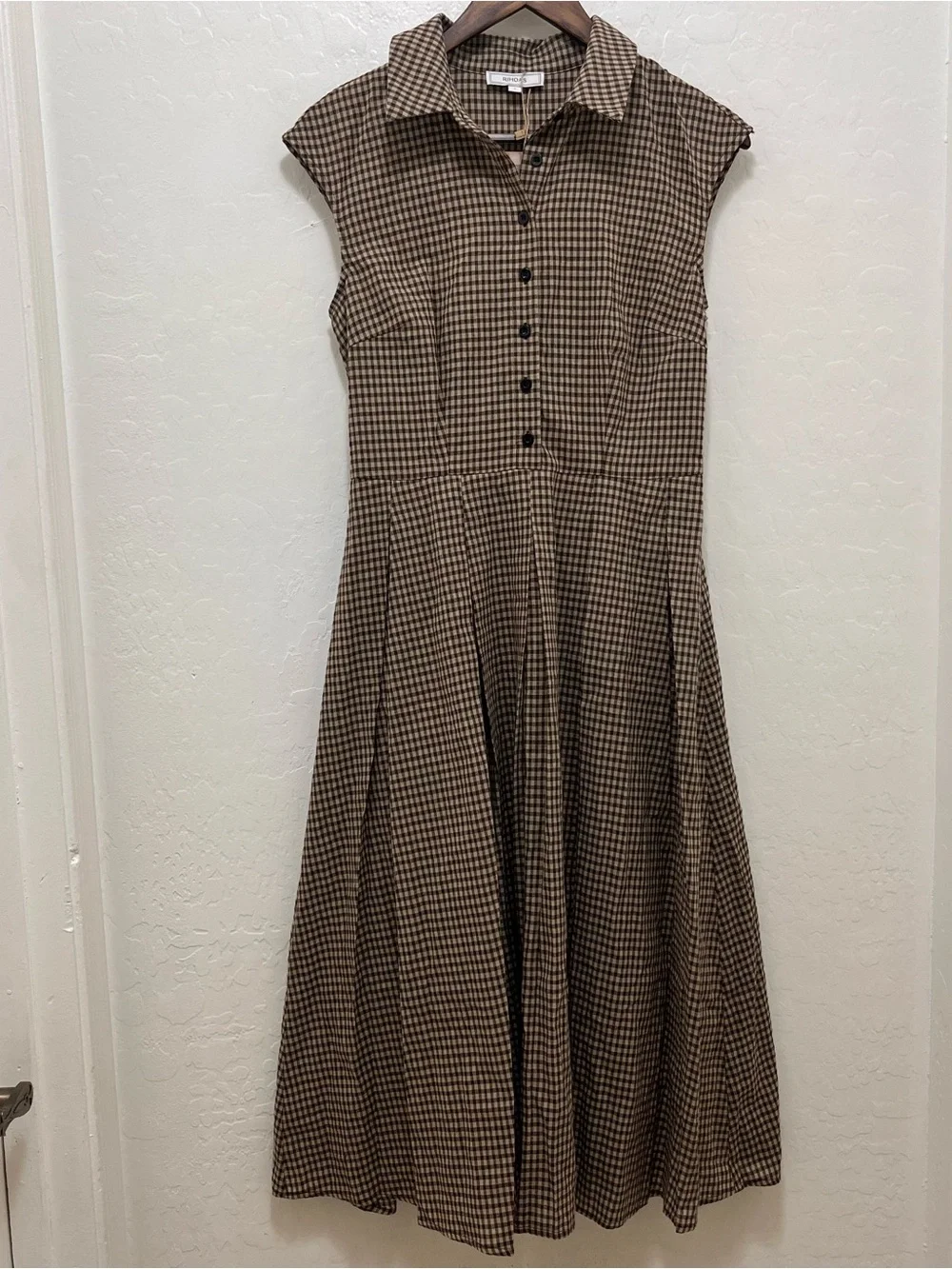 RIHOAS Brown Plaid Button Pleated Midi Dress Size S NWT Gingham Academia Vintage - Picture 4 of 8